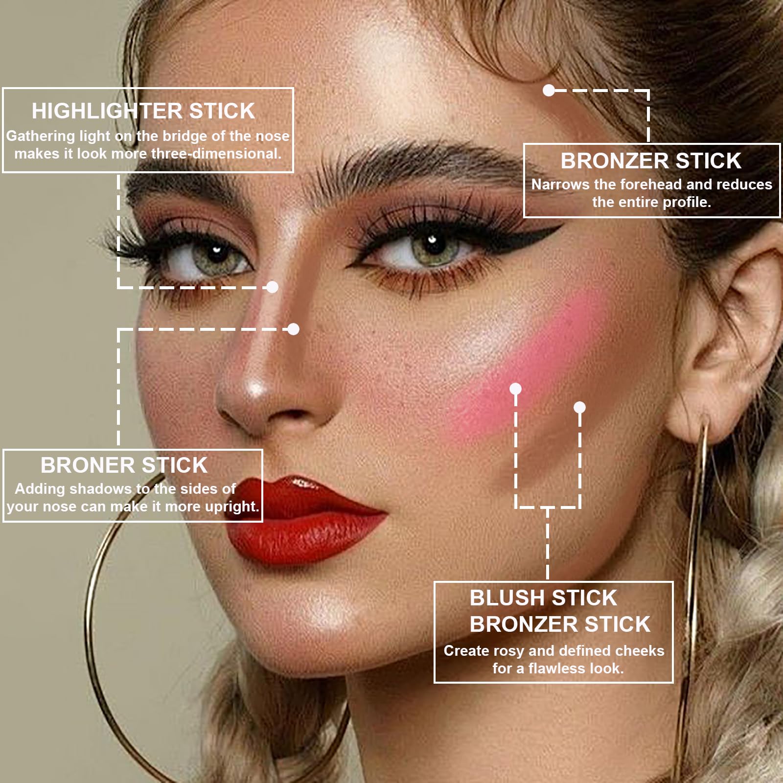 Lezero 3Pcs Contour Stick Kit – Light Medium | Highlighter, Blush & Bronzer for All Skin Types