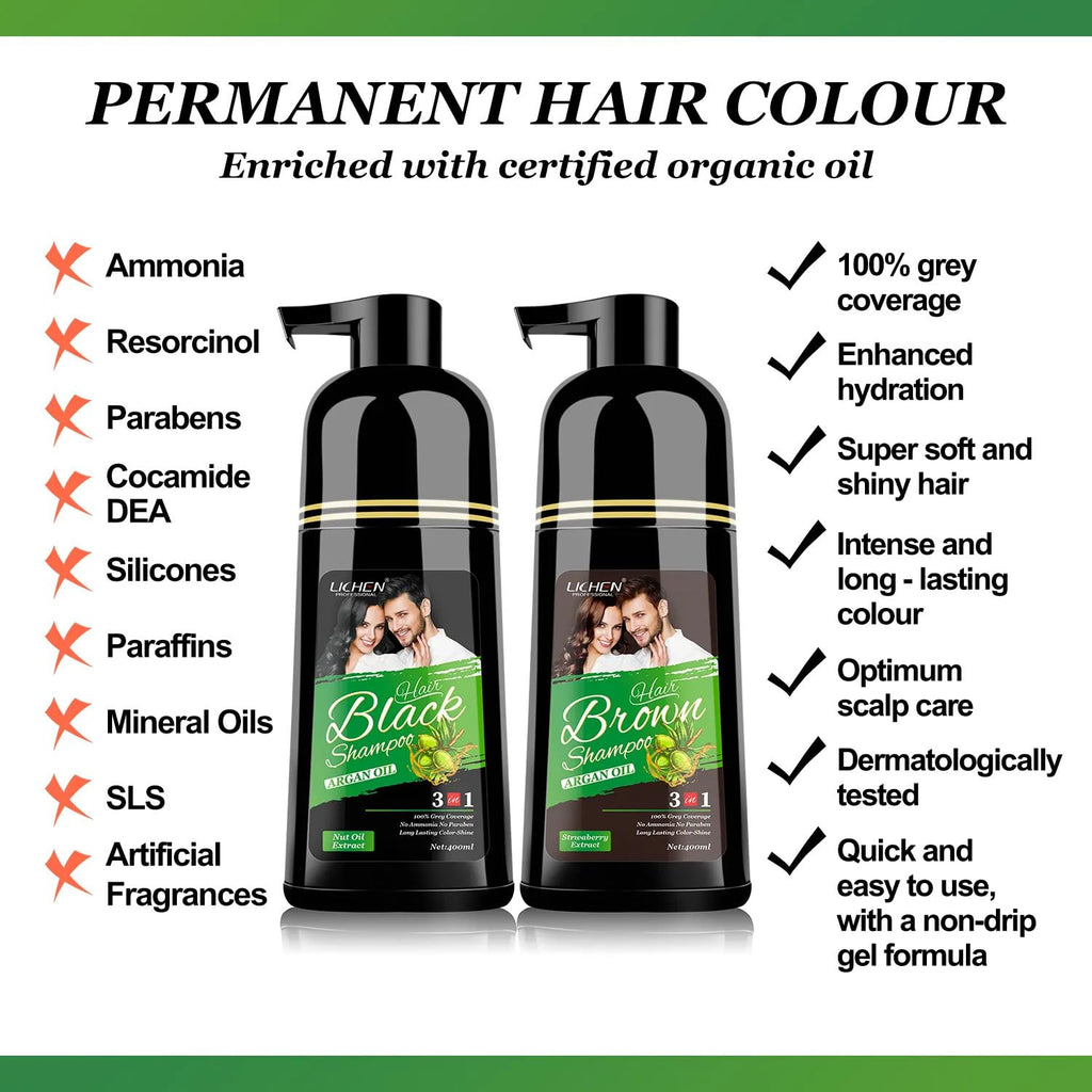 Lichen Professional Hair Dye Shampoo – 3-in-1 Herbal Color, 100% Grey Coverage, Ammonia-Free, 400ml (Brown)