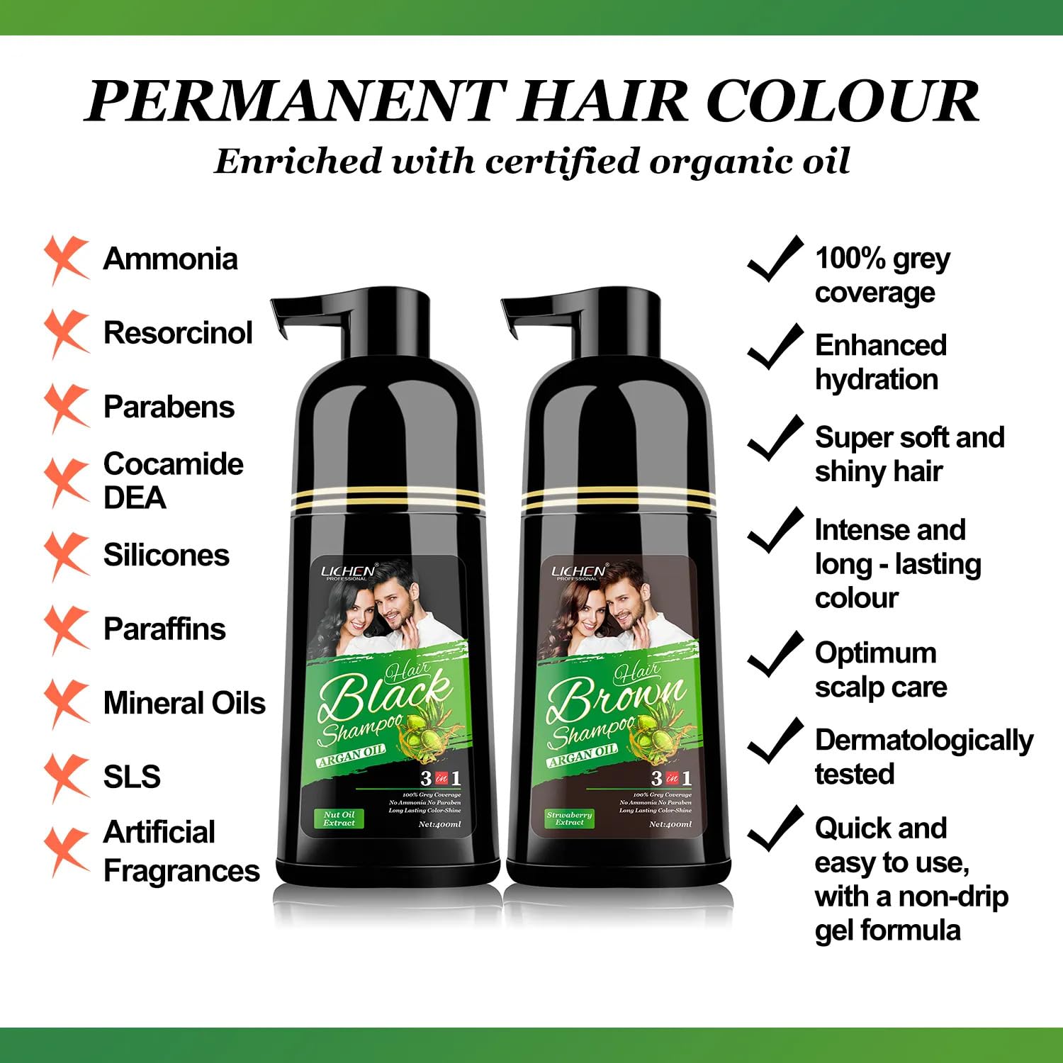 Lichen Professional Hair Dye Shampoo – 3-in-1 Herbal Color, 100% Grey Coverage, Ammonia-Free, 400ml (Brown)