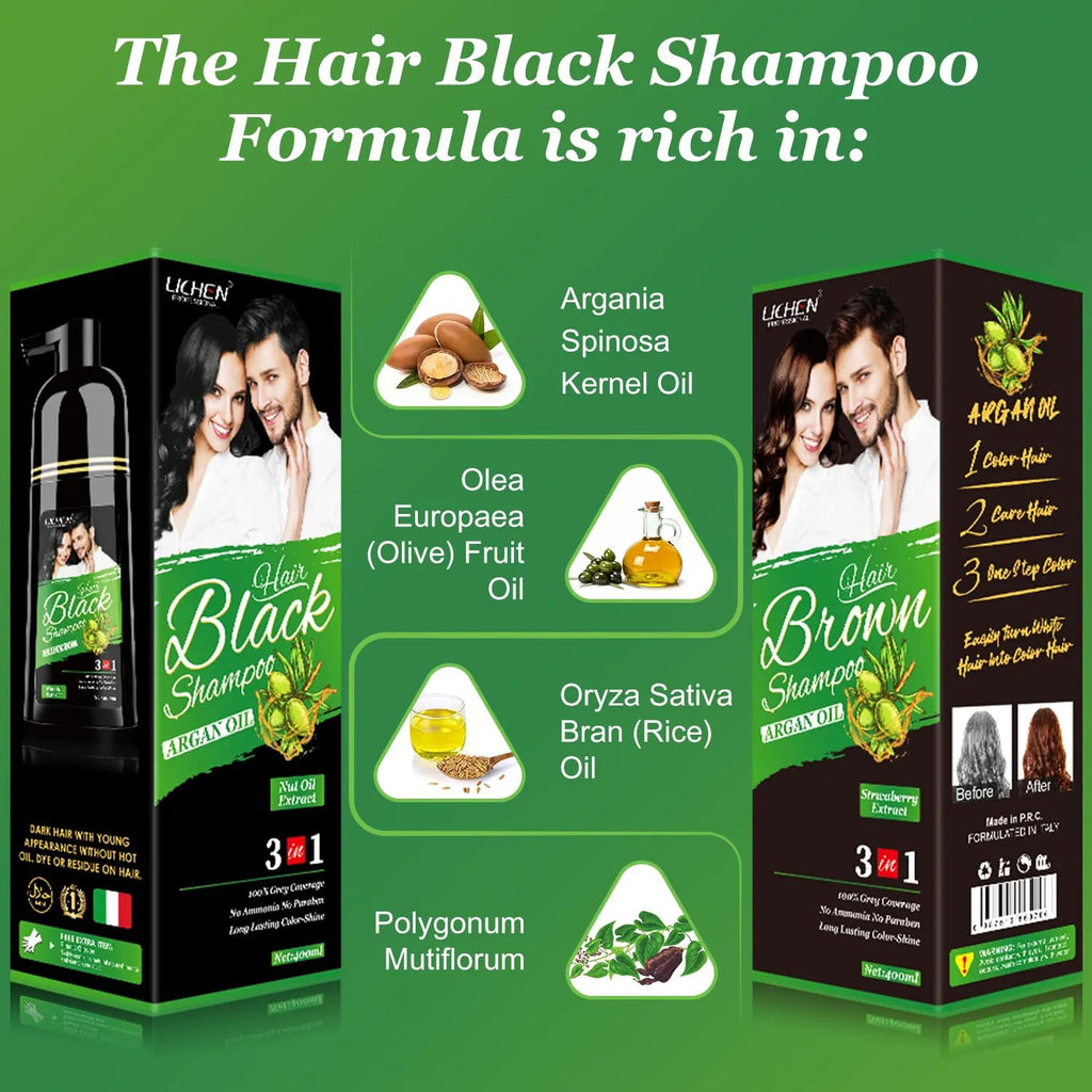Lichen Professional Hair Dye Shampoo – 3-in-1 Herbal Color, 100% Grey Coverage, Ammonia-Free, 400ml (Brown)