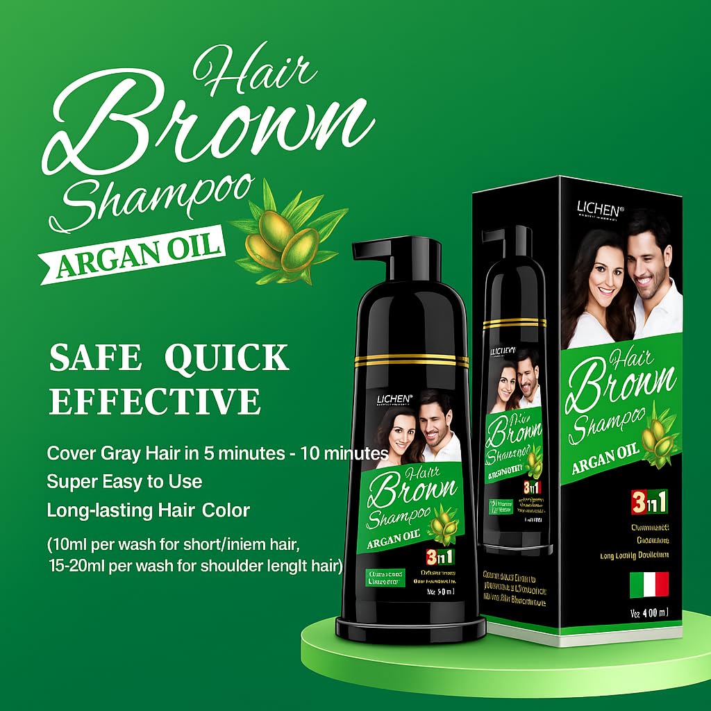 Lichen Professional Hair Dye Shampoo – 3-in-1 Herbal Color, 100% Grey Coverage, Ammonia-Free, 400ml (Brown)