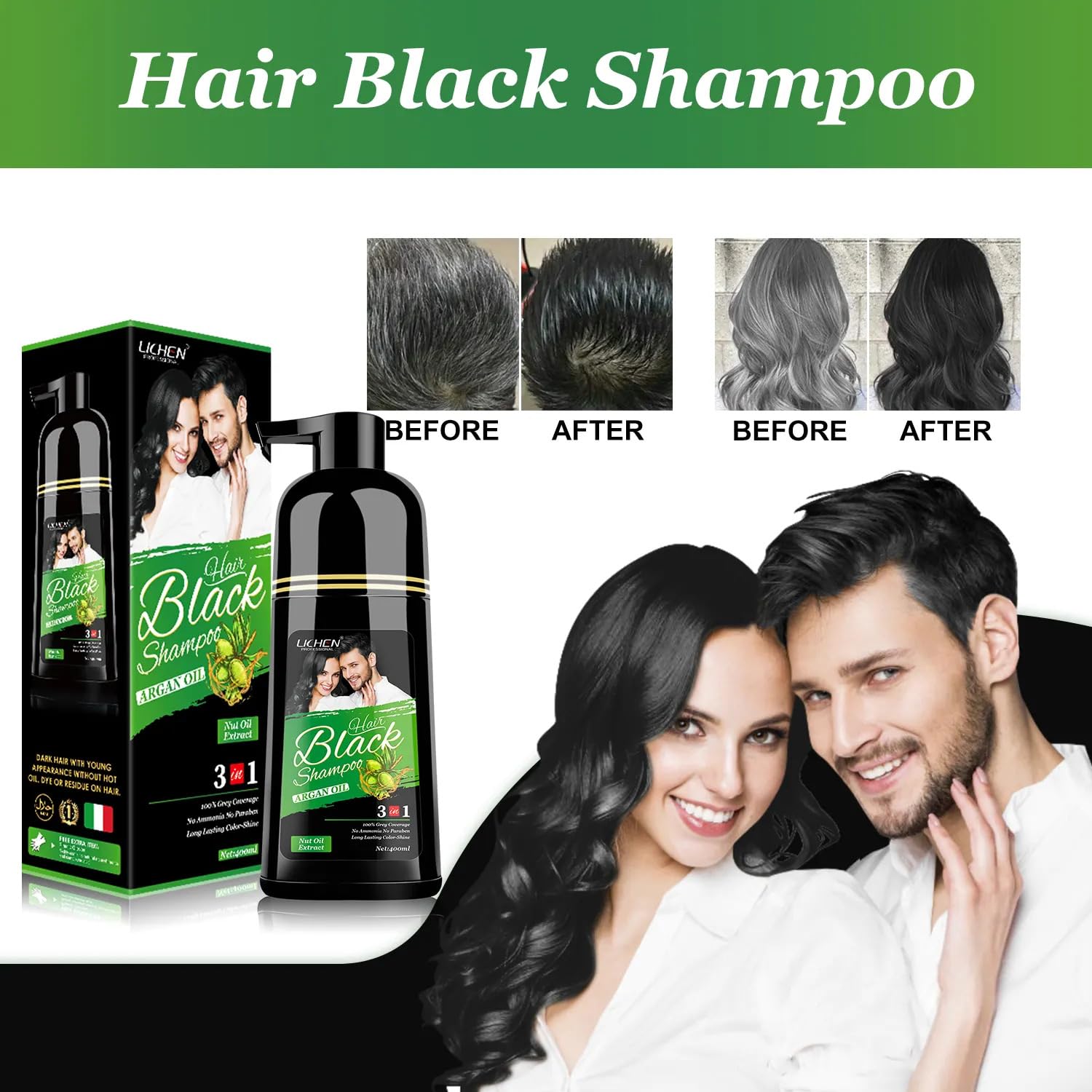 Lichen Professional Hair Dye Shampoo – 3-in-1 Herbal Color for 100% Grey Coverage – Ammonia-Free, 400ml (Black)