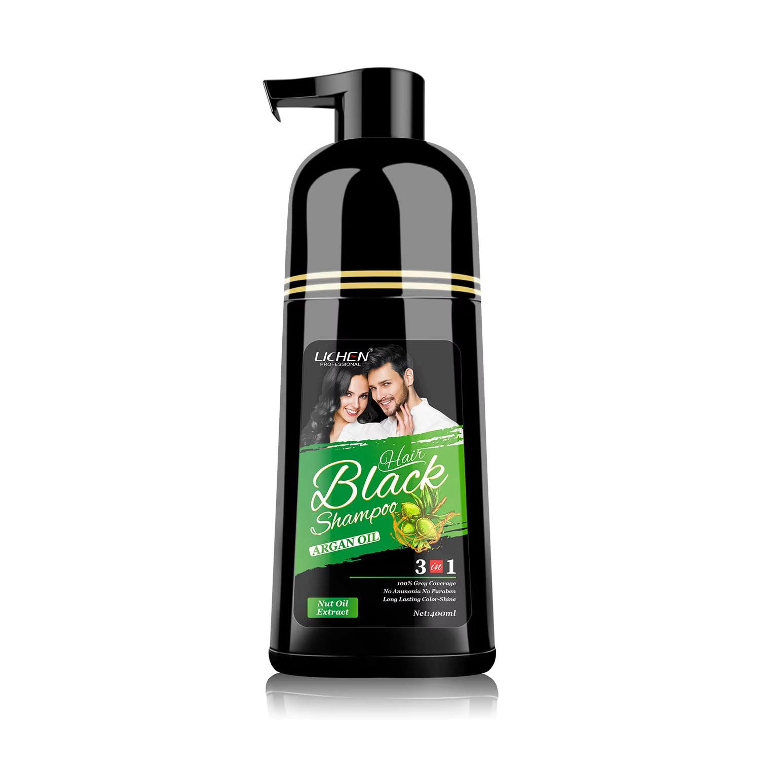Lichen Professional Hair Dye Shampoo – 3-in-1 Herbal Color for 100% Grey Coverage – Ammonia-Free, 400ml (Black)