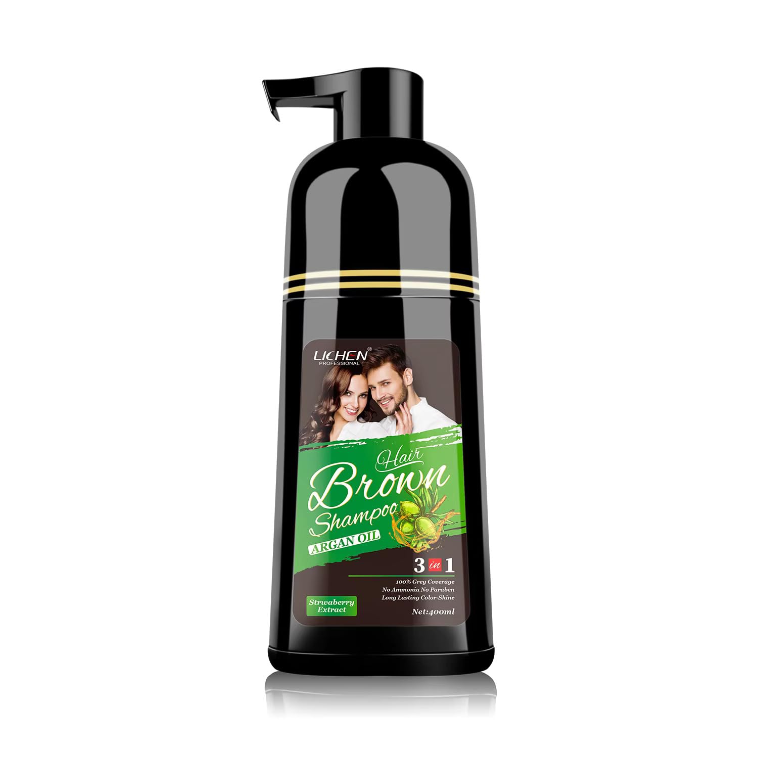 Lichen Professional Hair Dye Shampoo – 3-in-1 Herbal Color, 100% Grey Coverage, Ammonia-Free, 400ml (Brown)