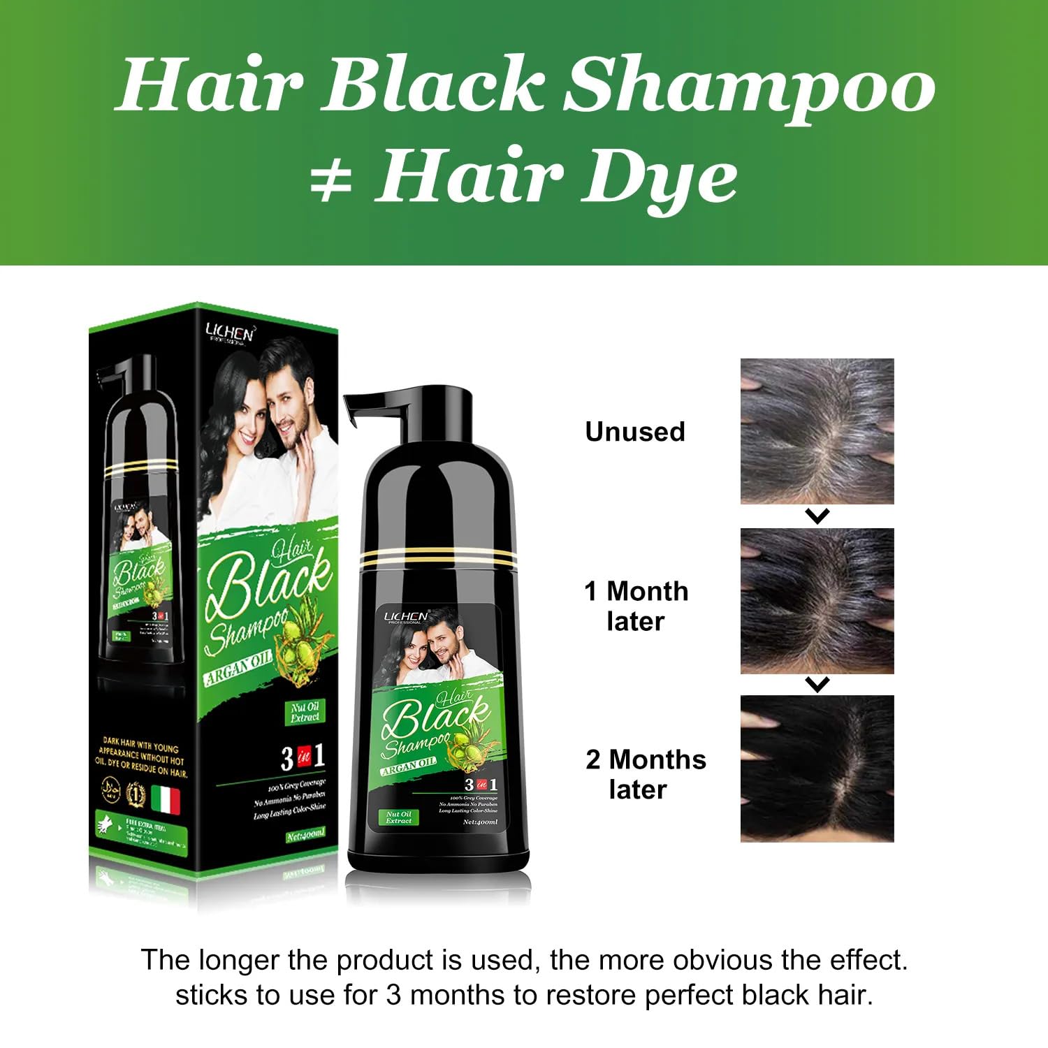 Lichen Professional Hair Dye Shampoo – 3-in-1 Herbal Color for 100% Grey Coverage – Ammonia-Free, 400ml (Black)