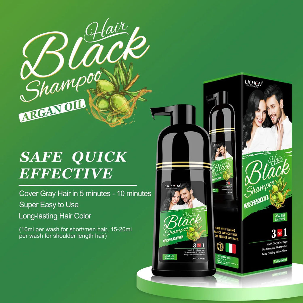Lichen Professional Hair Dye Shampoo – 3-in-1 Herbal Color for 100% Grey Coverage – Ammonia-Free, 400ml (Black)
