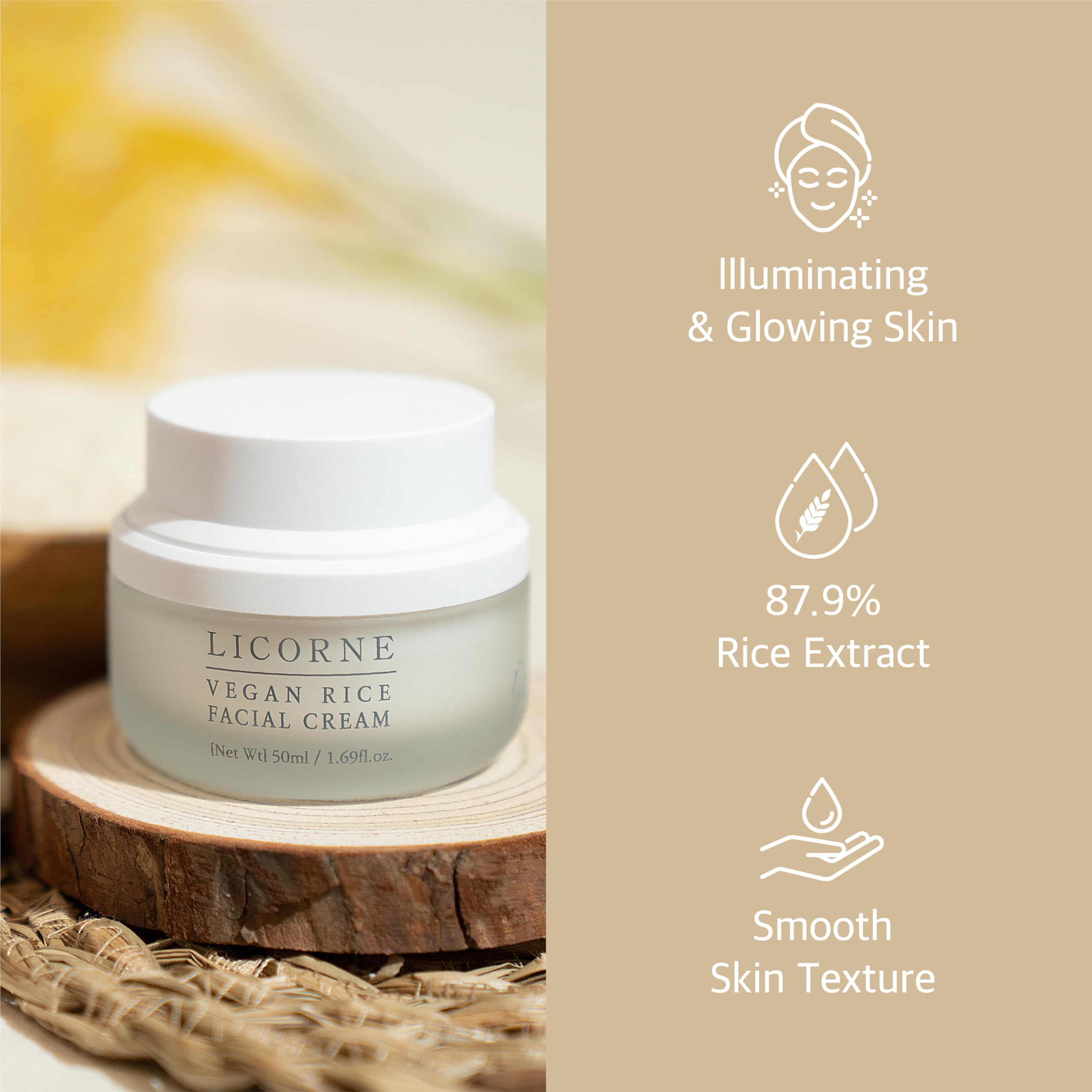 LICORNE Vegan Rice Facial Cream – Lightweight Daily Moisturizer for Glass Skin | 1.69 fl oz