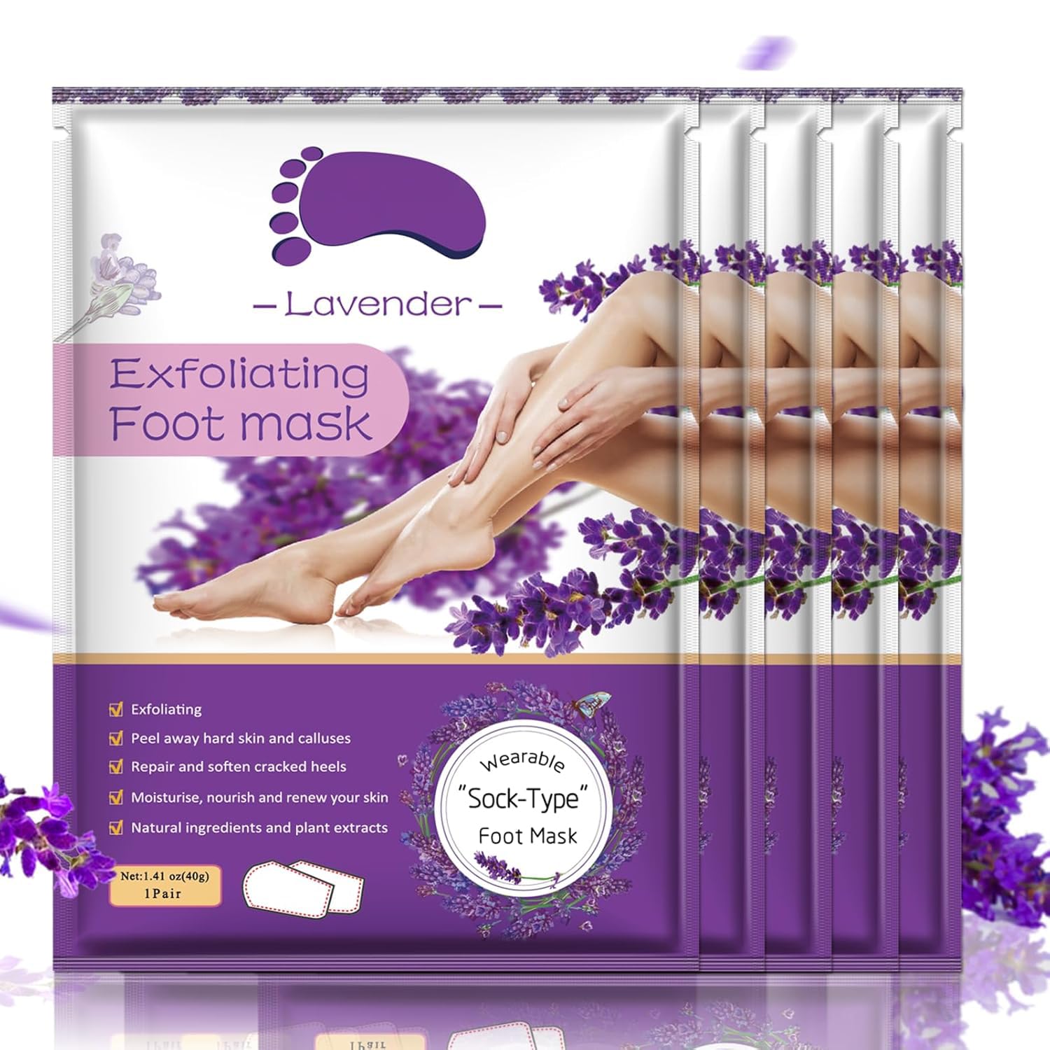 Liefiet Lavender Foot Peeling Mask 5 Pack – Exfoliate, Hydrate, Soft Feet