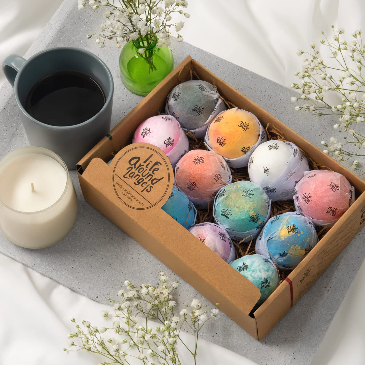 Lifearound2angels Bath Bombs Gift Set – 12 Pack, USA Made, Moisturizing Shea & Cocoa Butter