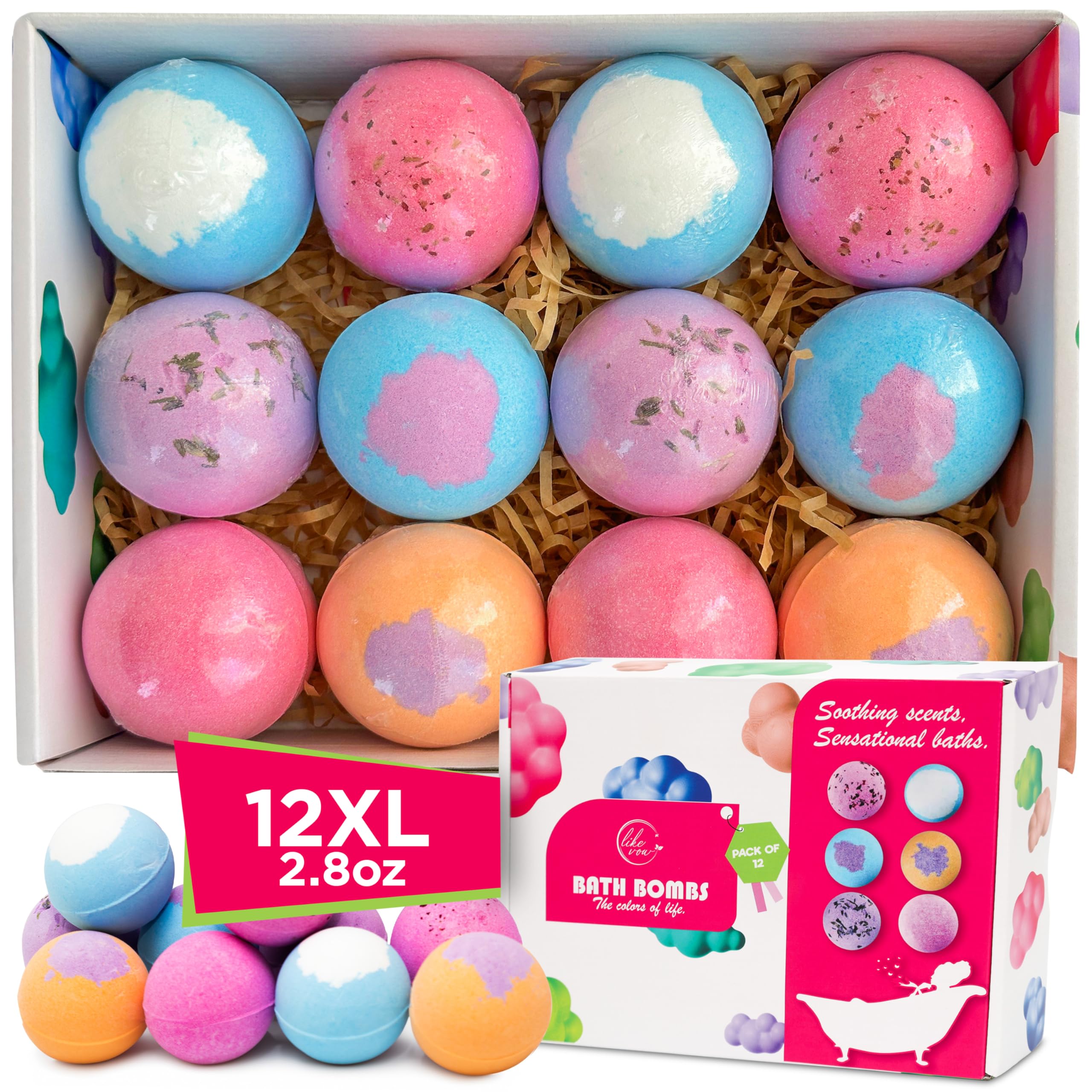 LIKEVOW 12 Pcs Organic Bath Bombs – Colorful Spa Gift Set with Shea Butter & Essential Oils
