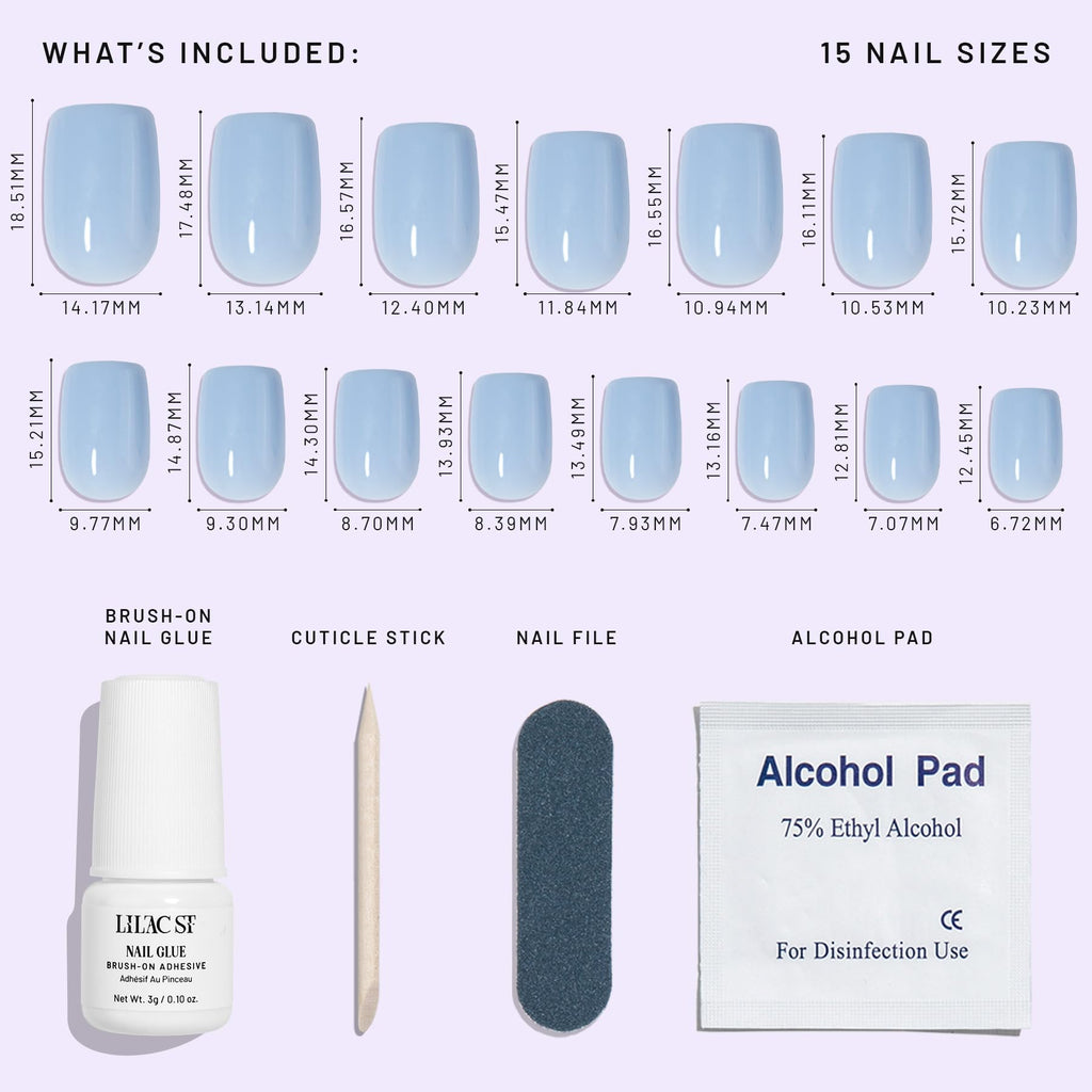 Lilac St Cloud 9 Press-On Nails – Short Square, Glossy Opaque Kit (30 Nails, 15 Sizes) | Vegan & Cruelty-Free