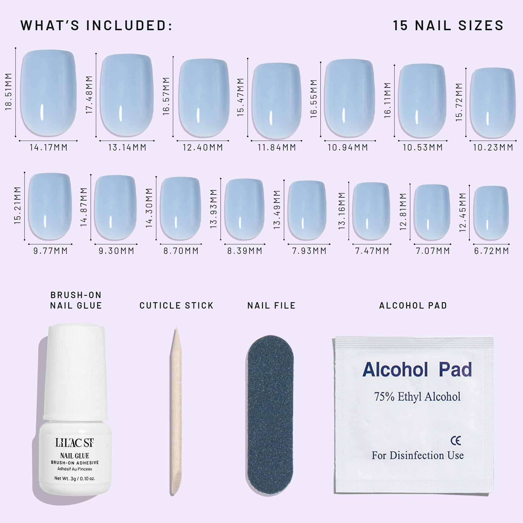 Lilac St Cloud 9 Press-On Nails – Short Square, Glossy Opaque Kit (30 Nails, 15 Sizes) | Vegan & Cruelty-Free
