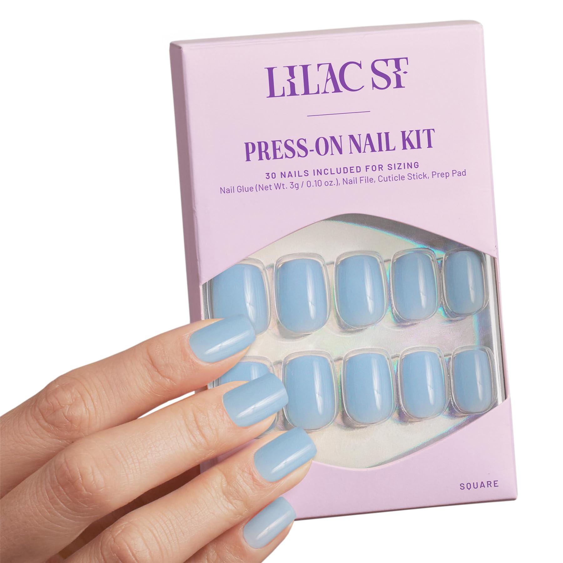 Lilac St Cloud 9 Press-On Nails – Short Square, Glossy Opaque Kit (30 Nails, 15 Sizes) | Vegan & Cruelty-Free