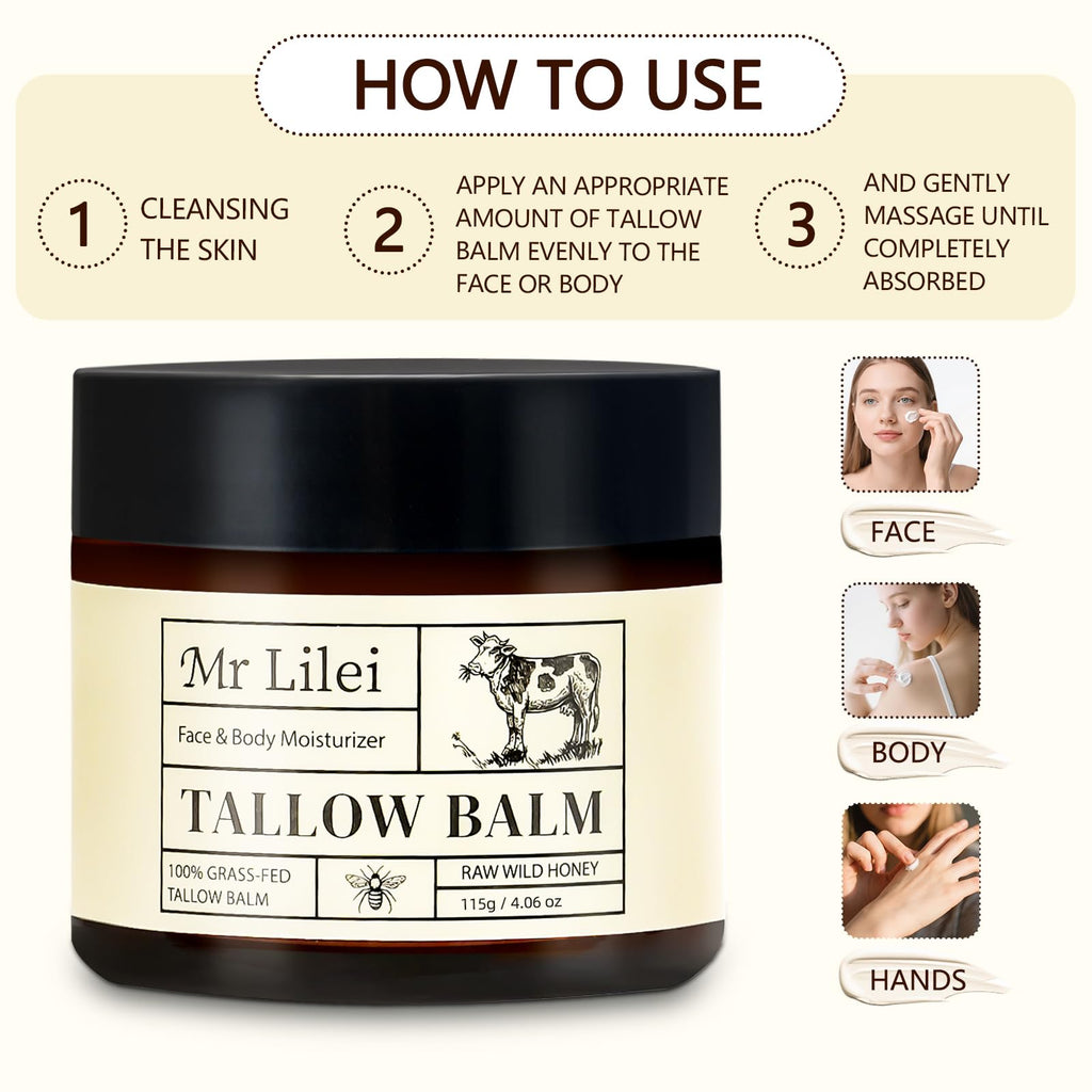 Lilei Beauty Organic Grass-Fed Beef Tallow Balm with Raw Honey – Hydrating Face & Body Moisturizer (Unscented, 115g)