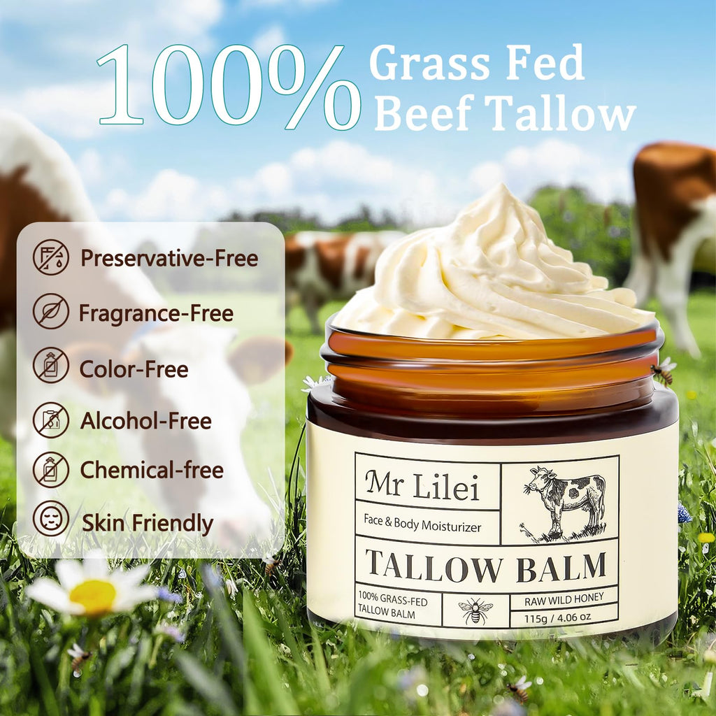 Lilei Beauty Organic Grass-Fed Beef Tallow Balm with Raw Honey – Hydrating Face & Body Moisturizer (Unscented, 115g)