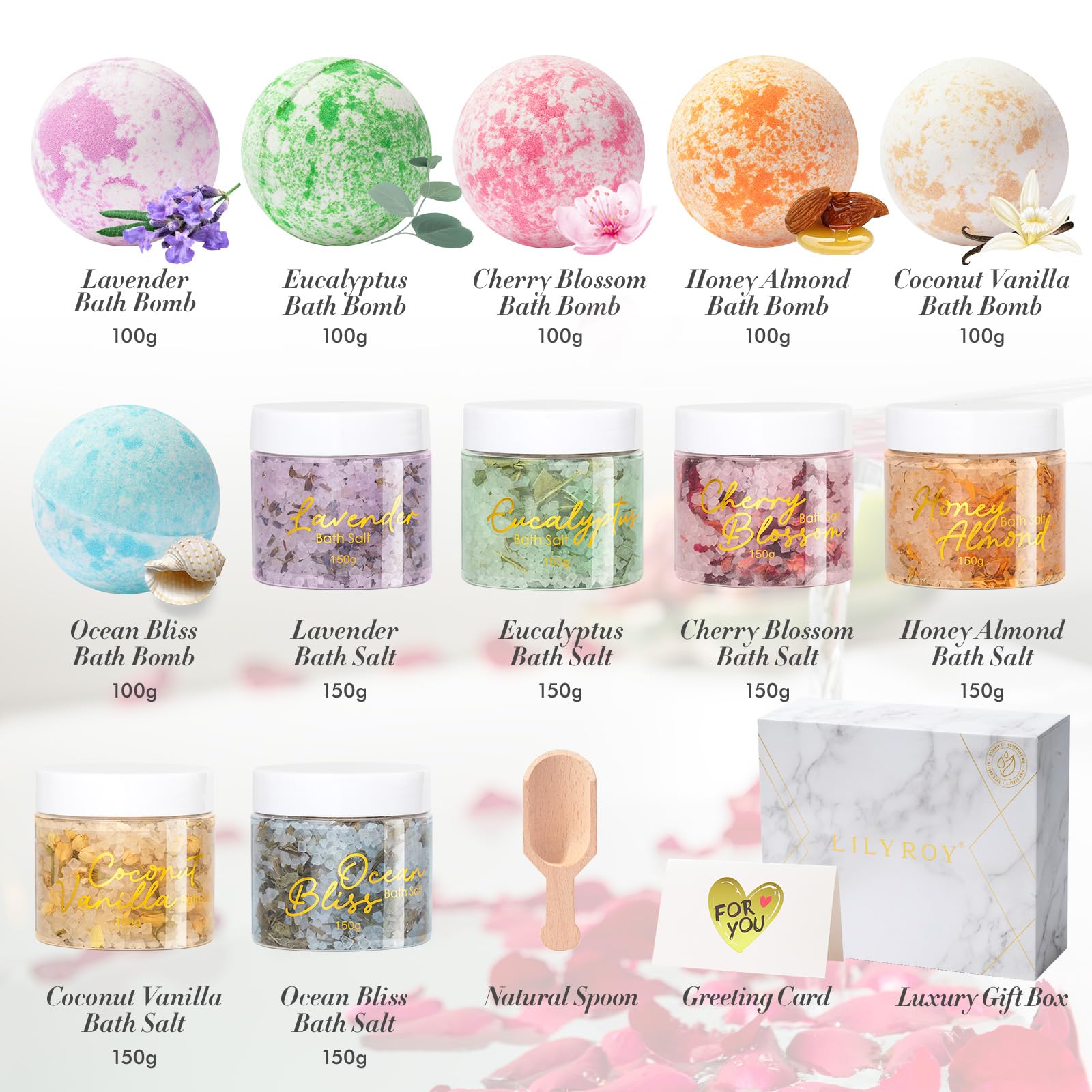 LILY ROY Valentines Day Spa Gift Set – 15-Piece Luxury Bath & Body Set (6 x 150g Bath Salts, 6 x 100g Bath Bombs)