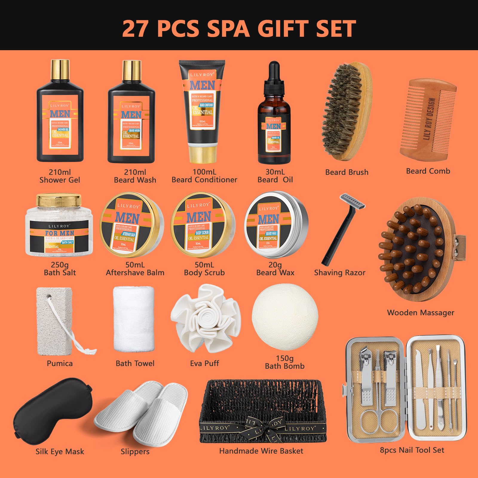 LILY ROY 27-Pcs Valentines Day Spa Gift Basket for Men with Massager | Bath & Body Gift Set for Dad