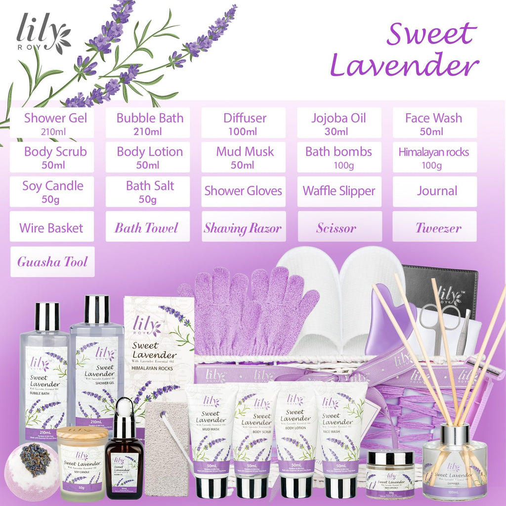LILY ROY Valentines Spa Gift Set – 22-Piece Lavender Bath & Body Basket