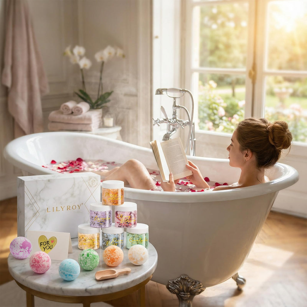 LILY ROY Valentines Day Spa Gift Set – 15-Piece Luxury Bath & Body Set (6 x 150g Bath Salts, 6 x 100g Bath Bombs)