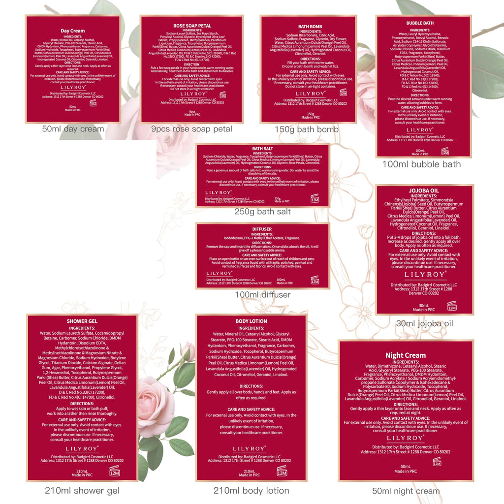 LILY ROY 9-Pcs Rose Bath & Body Gift Basket — Valentines Gifts for Women