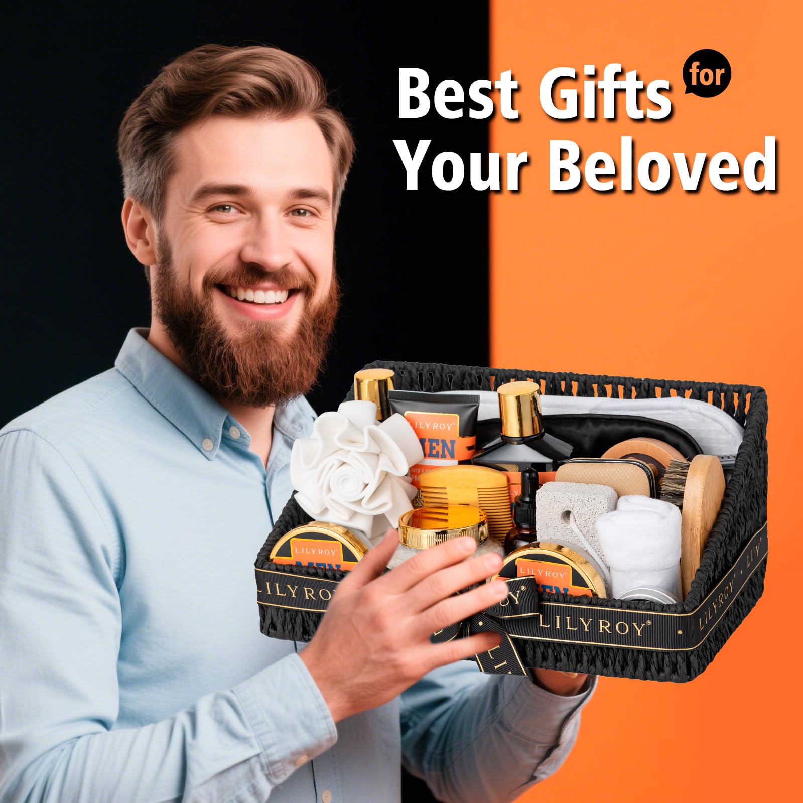 LILY ROY 27-Pcs Valentines Day Spa Gift Basket for Men with Massager | Bath & Body Gift Set for Dad