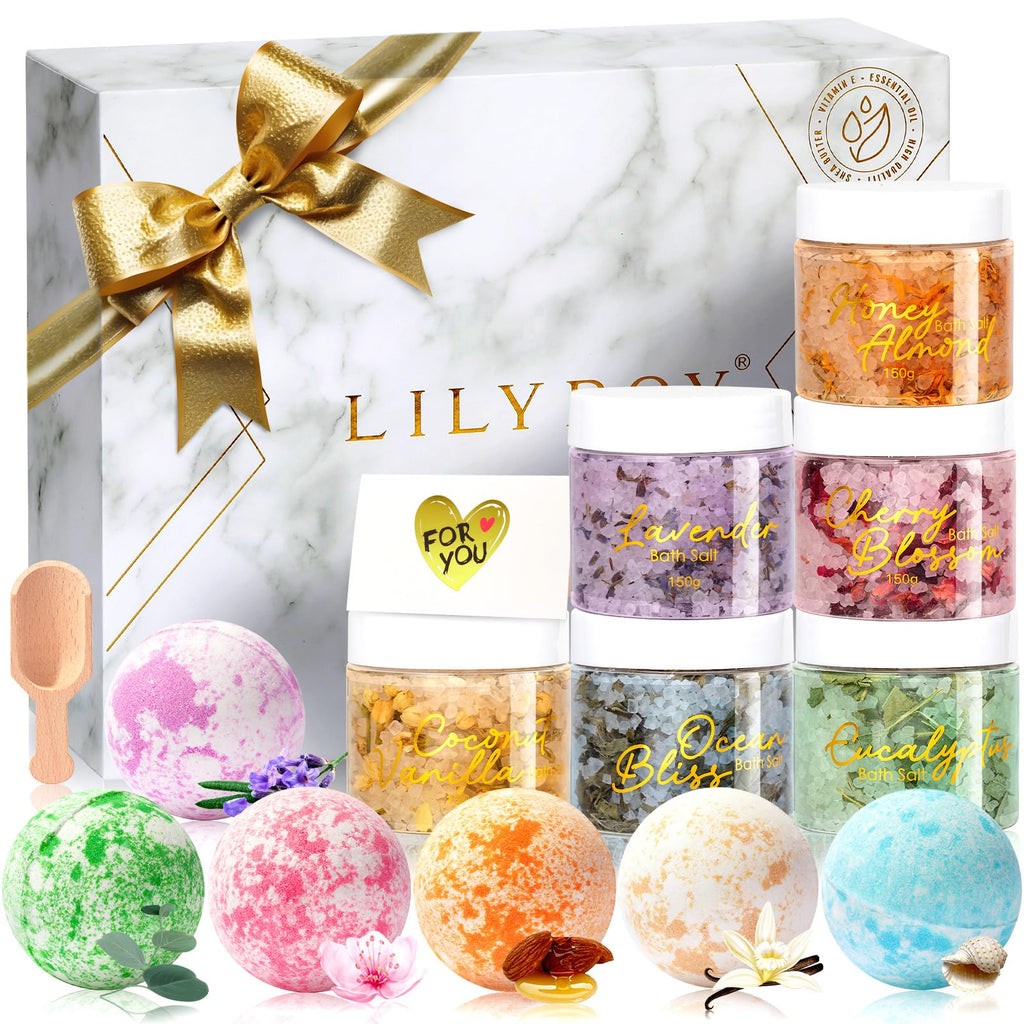 LILY ROY Valentines Day Spa Gift Set – 15-Piece Luxury Bath & Body Set (6 x 150g Bath Salts, 6 x 100g Bath Bombs)
