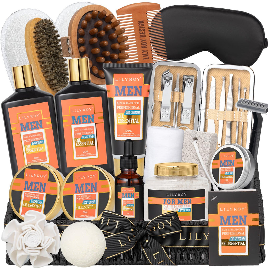 LILY ROY 27-Pcs Valentines Day Spa Gift Basket for Men with Massager | Bath & Body Gift Set for Dad