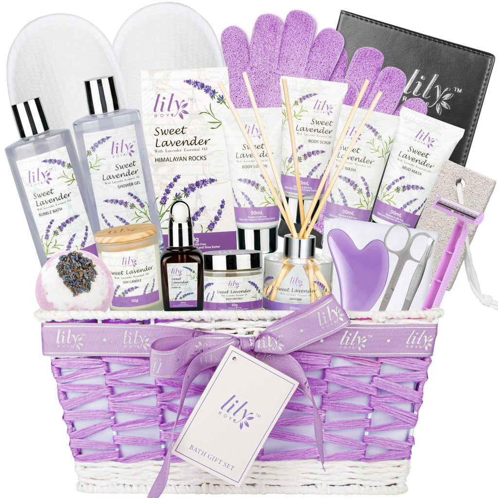 LILY ROY Valentines Spa Gift Set – 22-Piece Lavender Bath & Body Basket