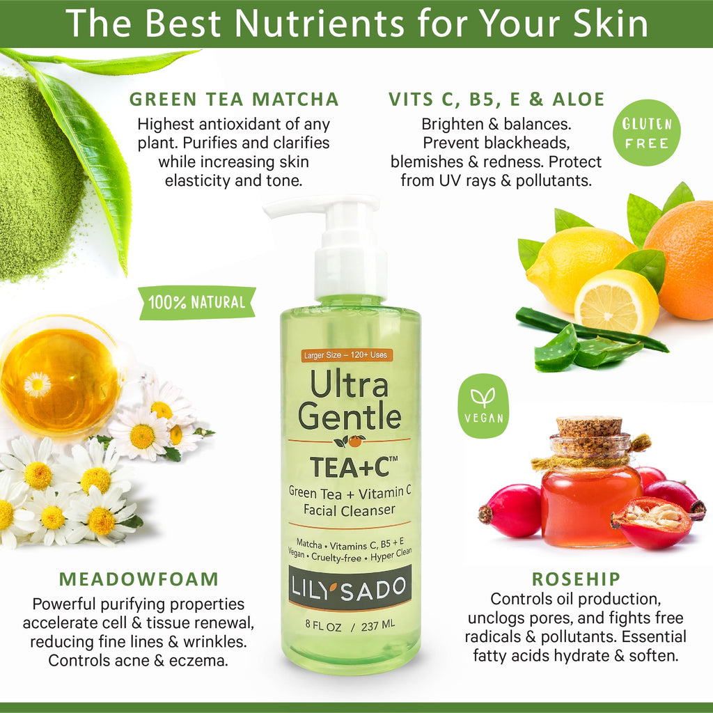 LILY SADO TEA+C Green Tea & Vitamin C Face Cleanser – Gentle Daily Vegan Facial Wash (8 oz)