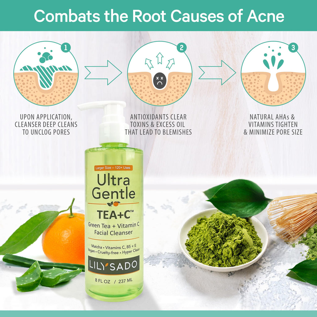 LILY SADO TEA+C Green Tea & Vitamin C Face Cleanser – Gentle Daily Vegan Facial Wash (8 oz)
