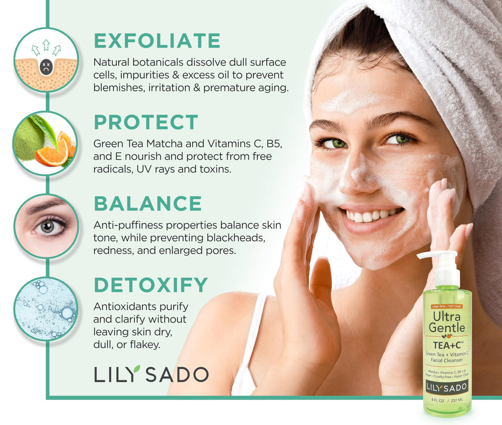LILY SADO TEA+C Green Tea & Vitamin C Face Cleanser – Gentle Daily Vegan Facial Wash (8 oz)