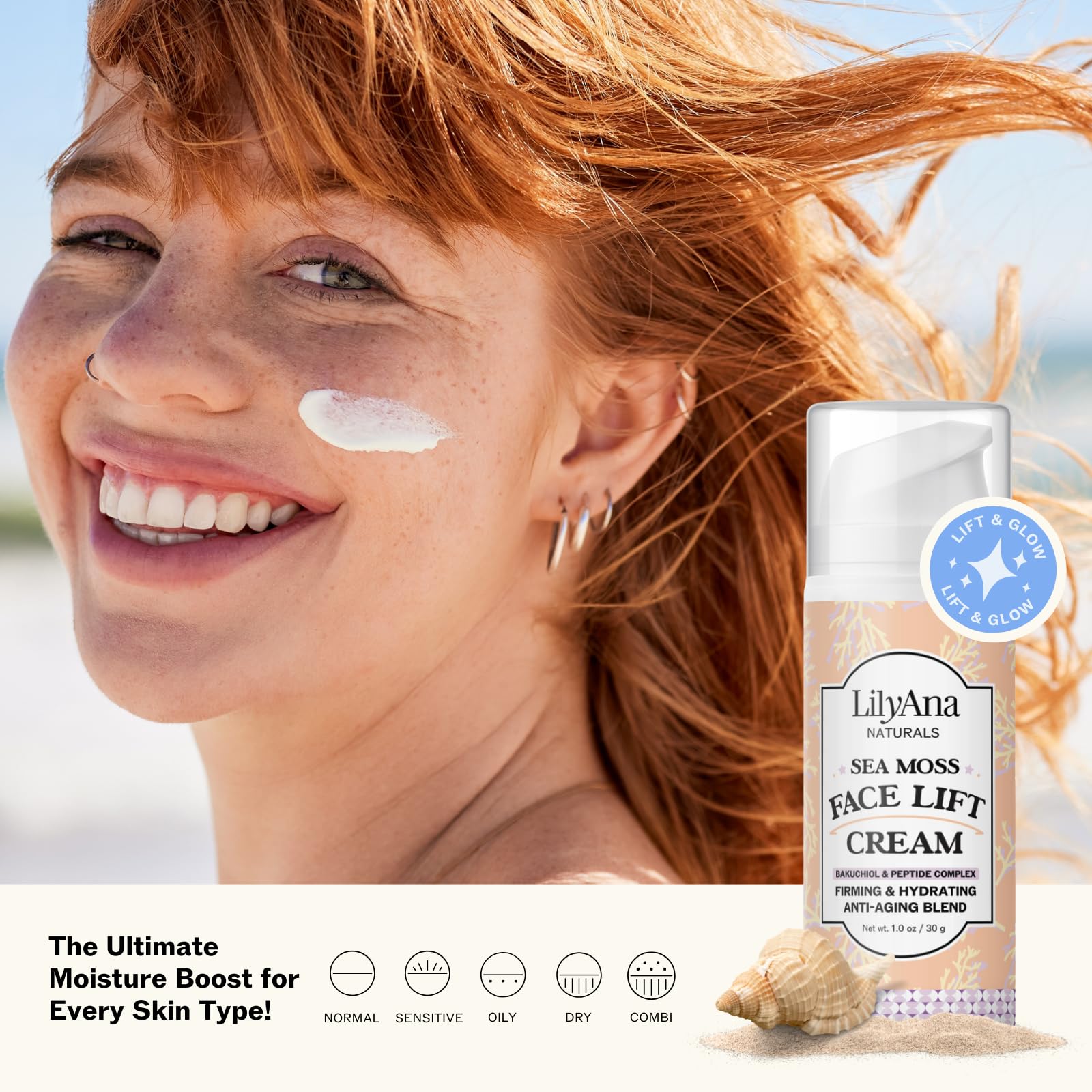 LilyAna Naturals Bakuchiol Face Lift Cream with Sea Moss & Peptide Complex – Hydrating Night Cream (1 oz) – Made in USA