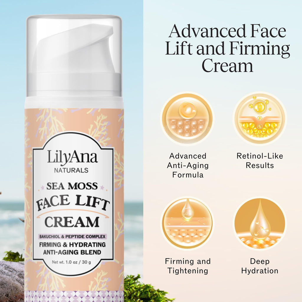 LilyAna Naturals Bakuchiol Face Lift Cream with Sea Moss & Peptide Complex – Hydrating Night Cream (1 oz) – Made in USA