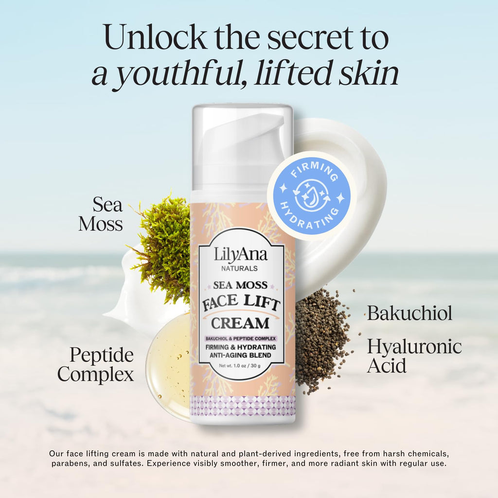 LilyAna Naturals Bakuchiol Face Lift Cream with Sea Moss & Peptide Complex – Hydrating Night Cream (1 oz) – Made in USA