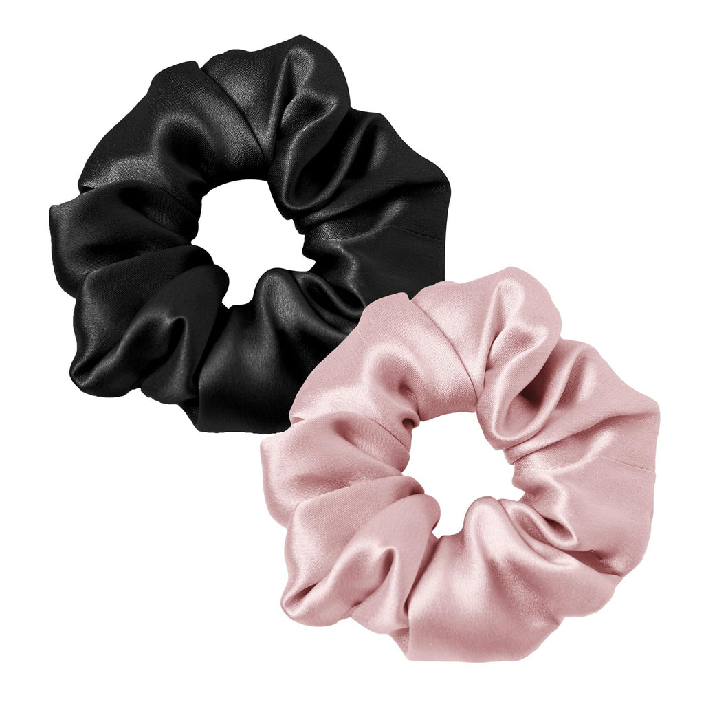 LilySilk Silk Hair Scrunchies - 100% Mulberry Silk, No Hair Damage, 2 Pack (Black & Rosy Pink)
