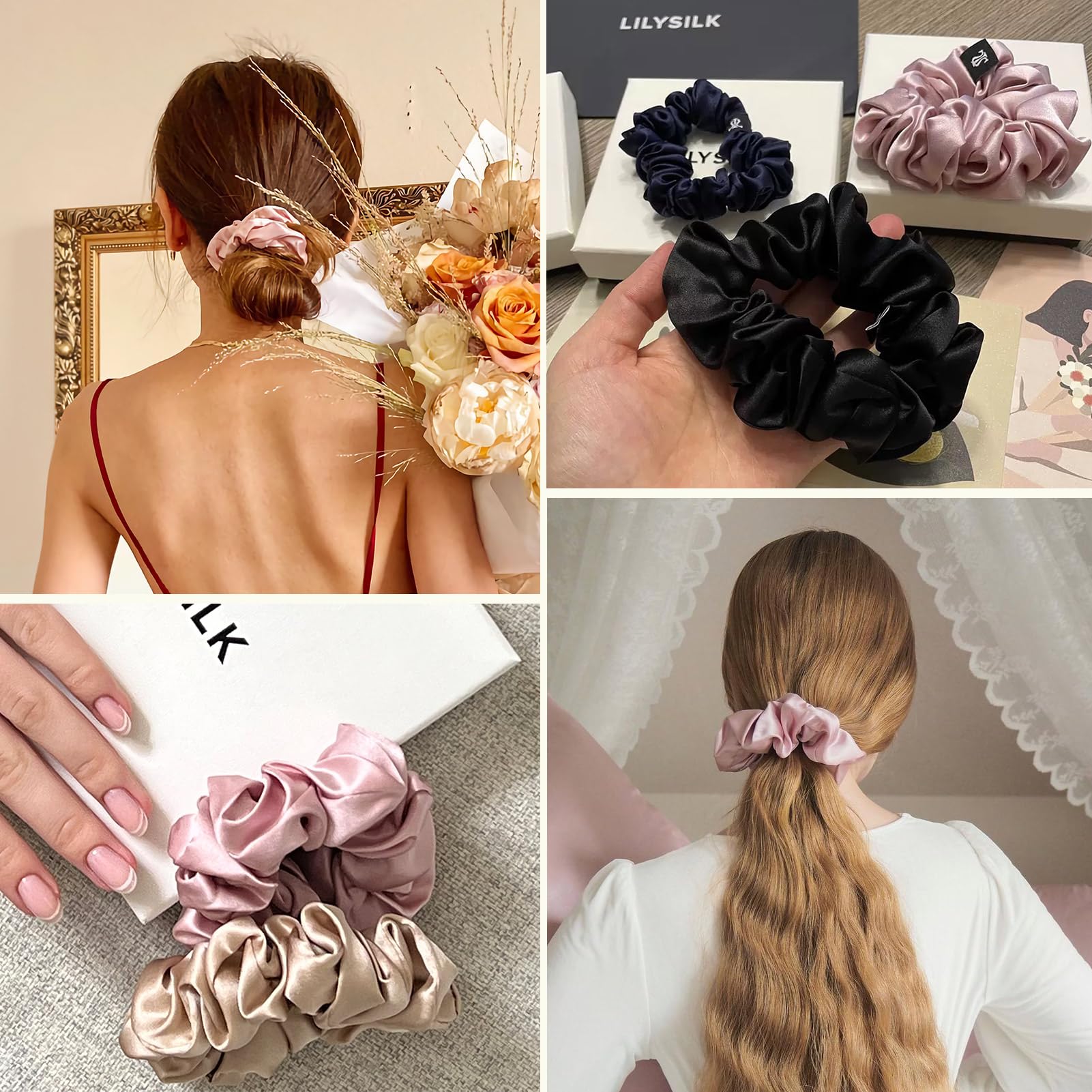 LilySilk Silk Hair Scrunchies - 100% Mulberry Silk, No Hair Damage, 2 Pack (Black & Rosy Pink)
