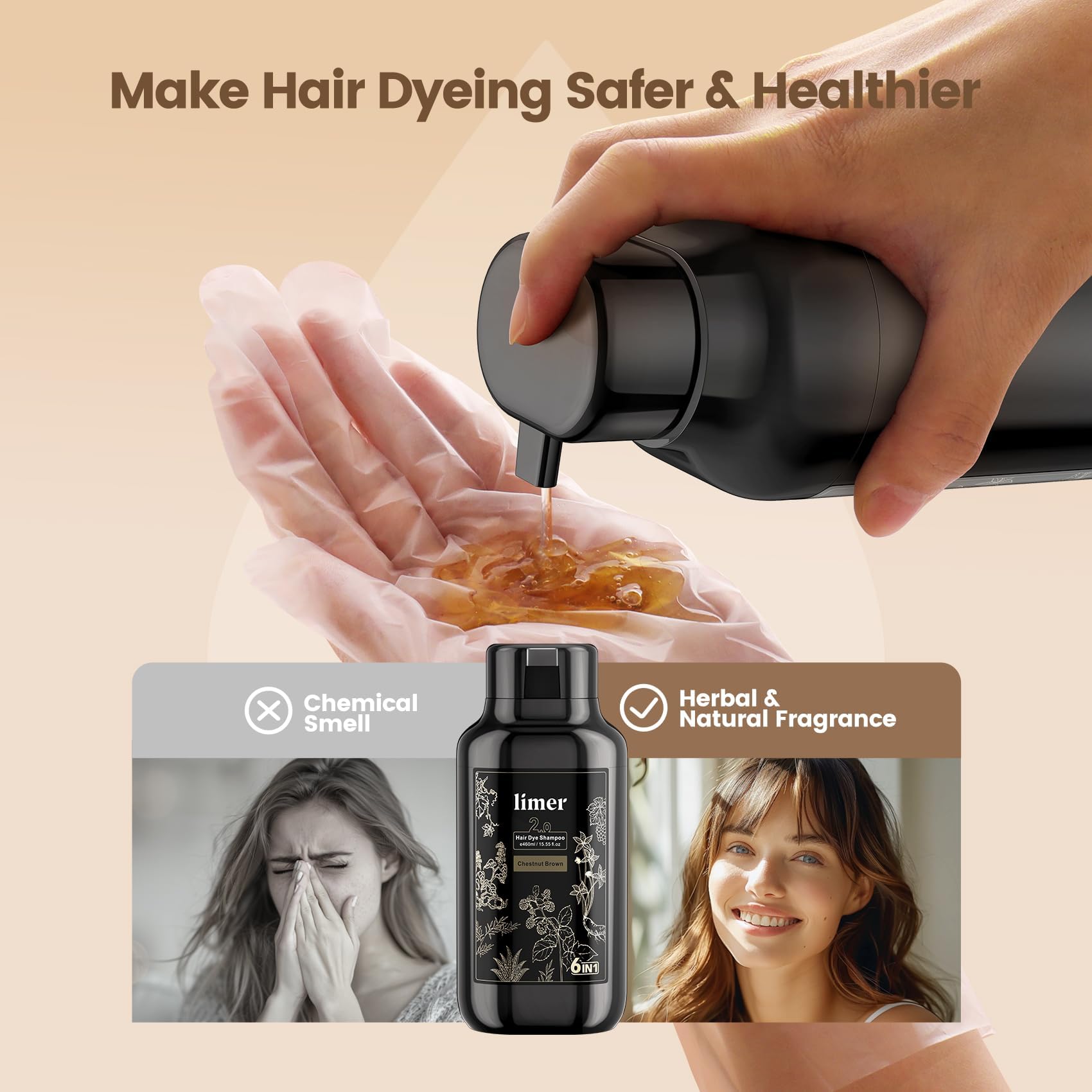 Limer Hair Dye Shampoo Dark Brown – 6-in-1 Herbal Color, Ammonia-Free, Semi-Permanent Gray Coverage (460ml)
