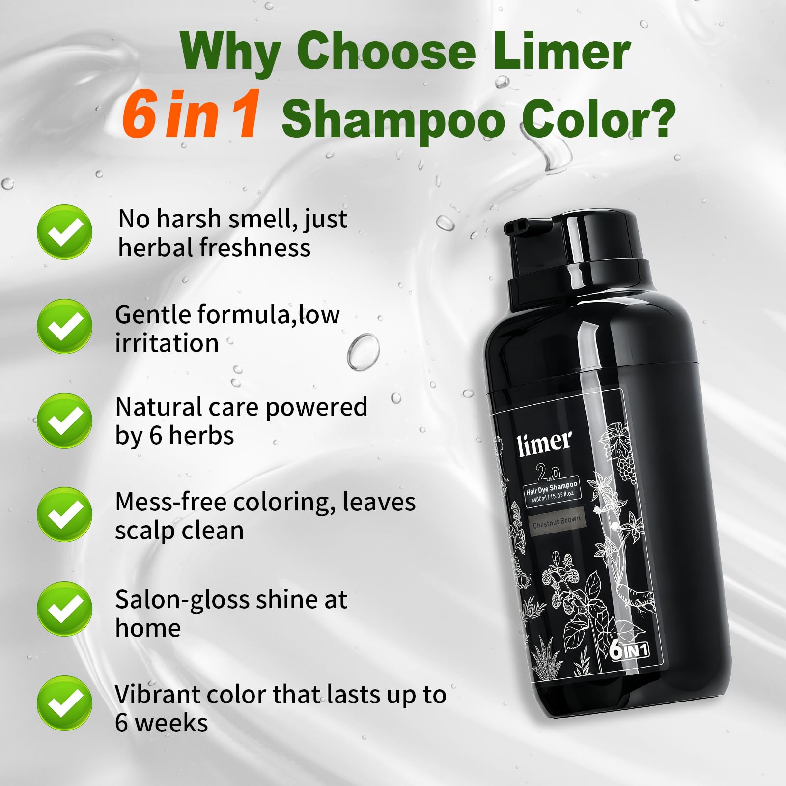 Limer Hair Dye Shampoo Natural Black – 3-in-1 Gray Coverage, Ammonia-Free Herbal Color Shampoo (460 ml)