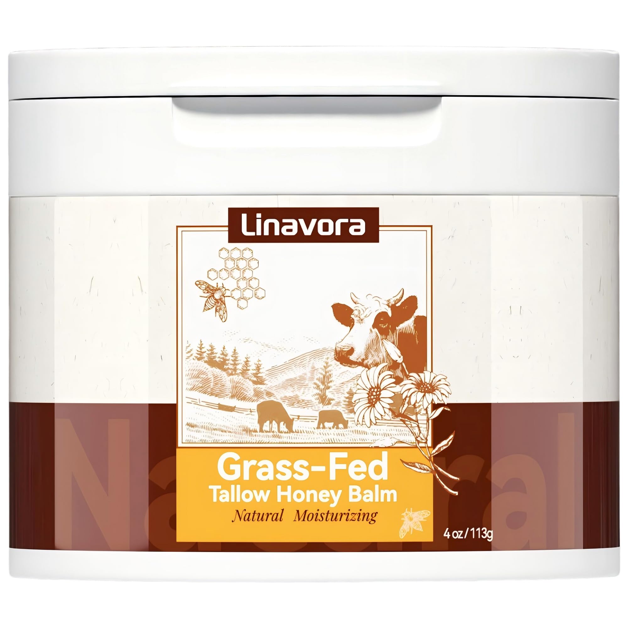 Linavora Tallow and Honey Balm – Natural Moisturizer with Grass-Fed Tallow, Honey & Vitamin E (Unscented) 4oz