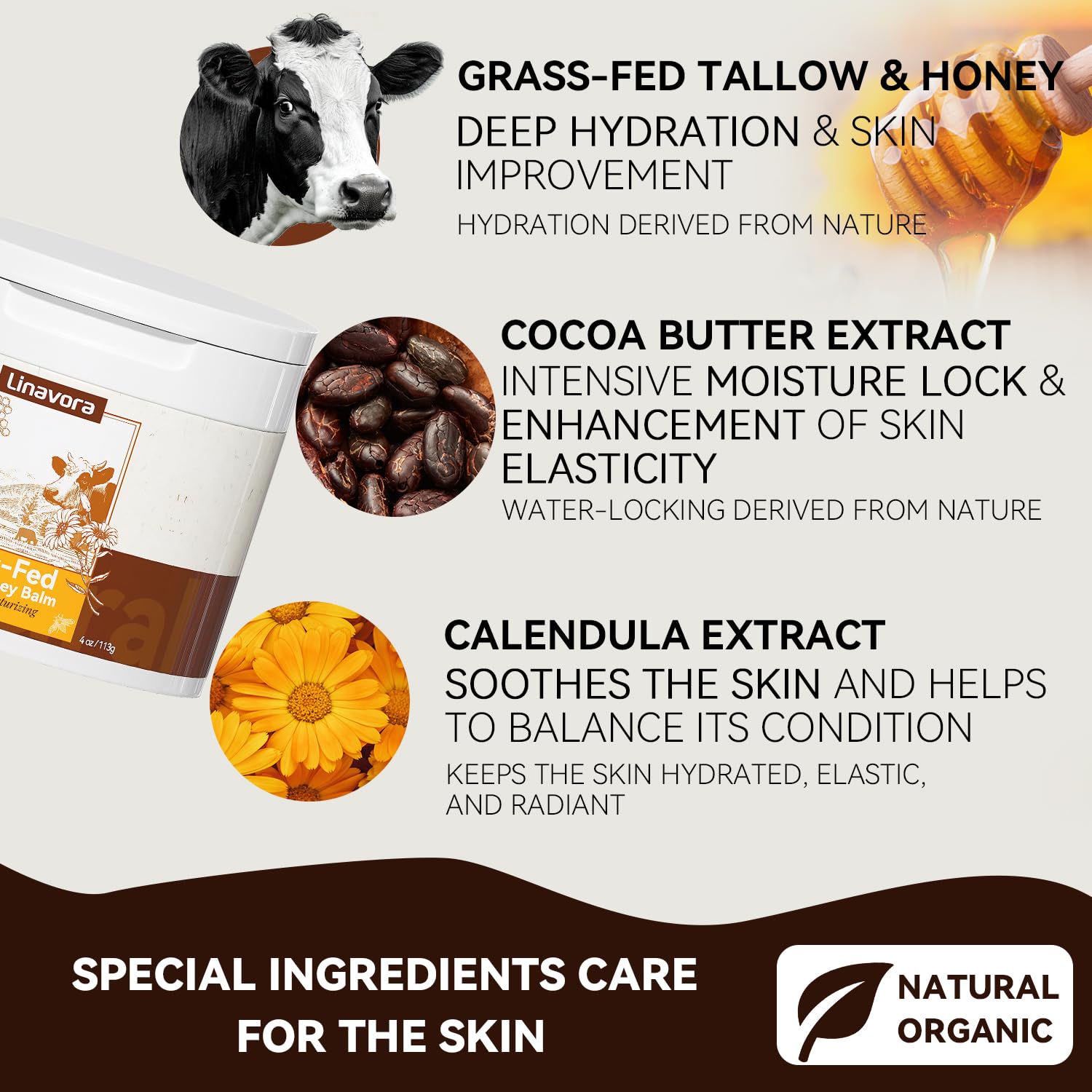 Linavora Tallow and Honey Balm – Natural Moisturizer with Grass-Fed Tallow, Honey & Vitamin E (Unscented) 4oz