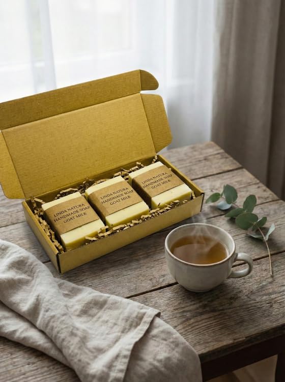 LINDA NATURA Goat Milk Soap Set | Handmade, Fragrance-Free & Colorant-Free | Cold Process | 3 × 120 g | Safety Touch Collection