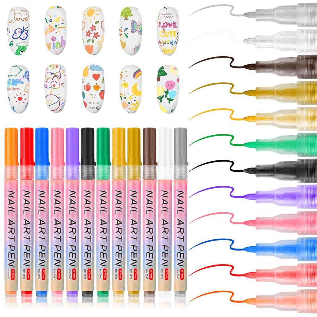 Linyuant 12 Colors Nail Art Pens Set | 3D Nail Polish Pens, Quick Dry