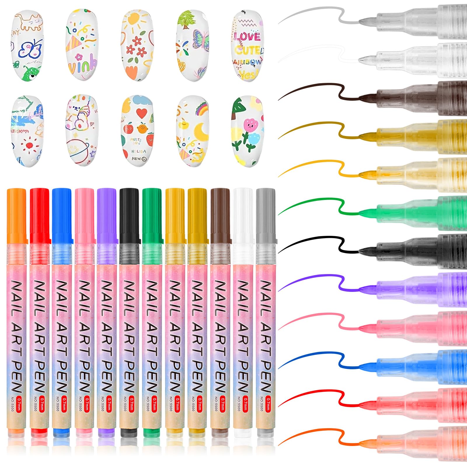 Linyuant 12 Colors Nail Art Pens Set | 3D Nail Polish Pens, Quick Dry