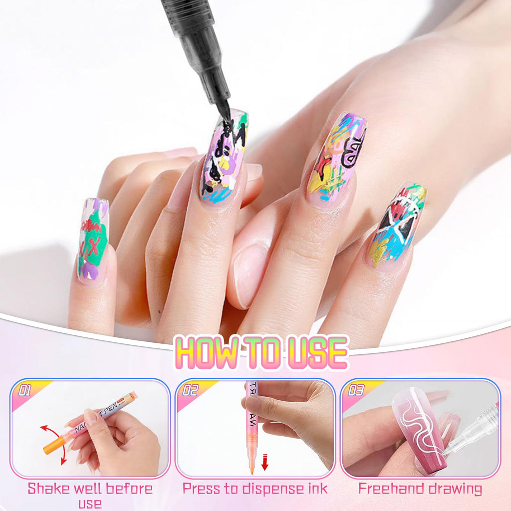 Linyuant 12 Colors Nail Art Pens Set | 3D Nail Polish Pens, Quick Dry
