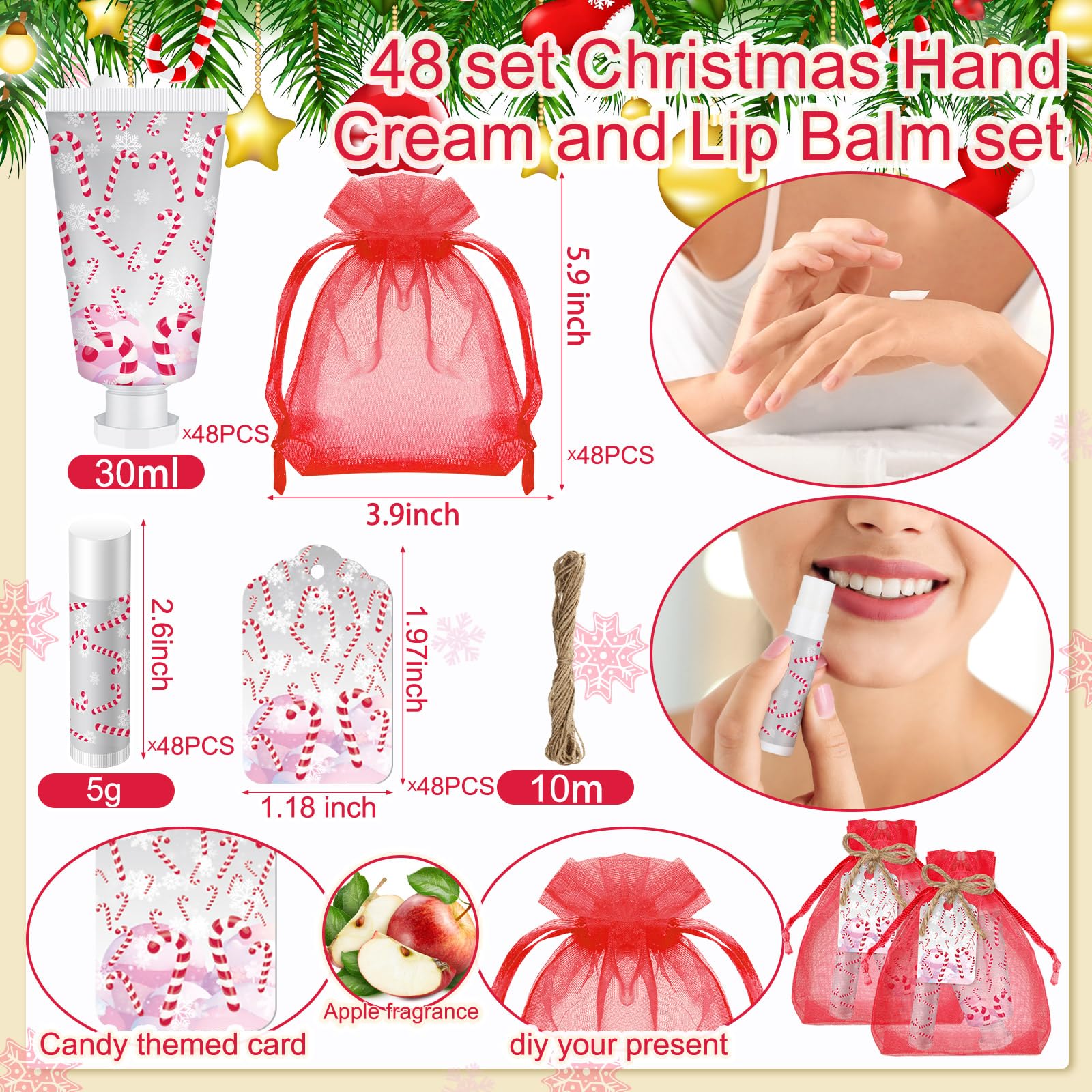 Linyuthia 48-Set Candy Cane Hand Cream & Lip Balm Gift Set