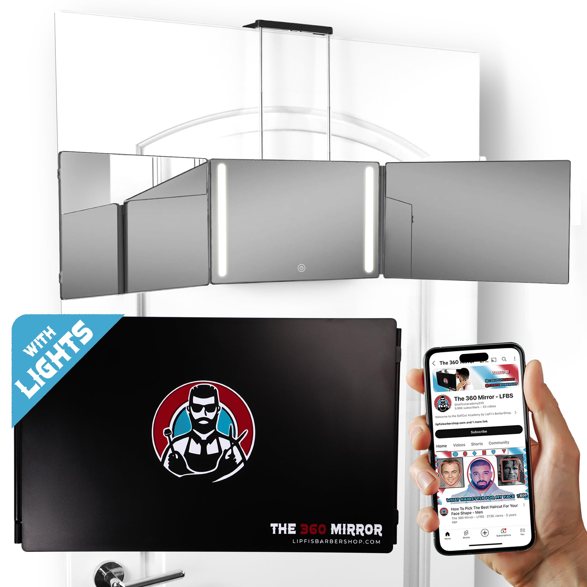 The 360 Mirror - 3 Way Self Haircut Mirror with LED | Tri-Fold Barber Mirror by LipfisBarbershop.com