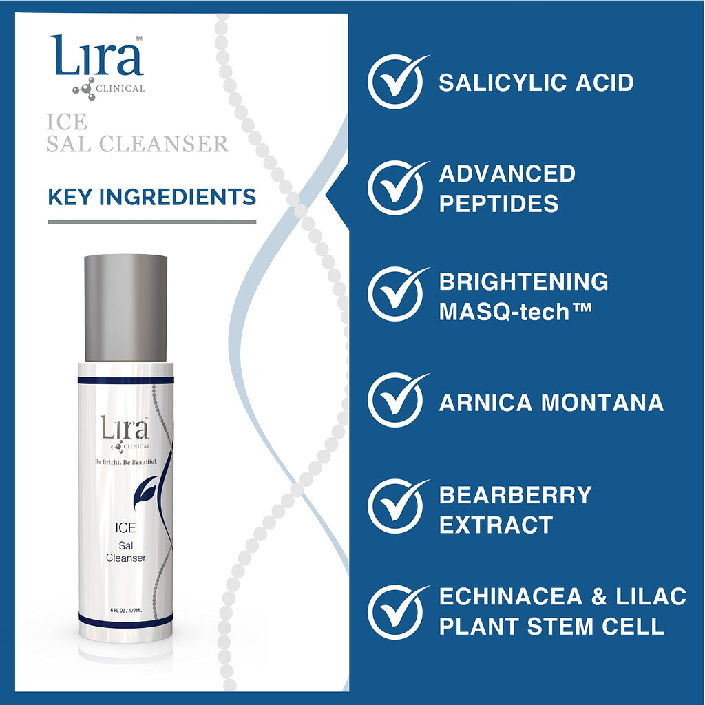 Lira Clinical ICE Sal Cleanser – Salicylic Acid Face Wash with Plant Stem Cells & Peptides | Cooling Exfoliating Travel Size 6 Oz