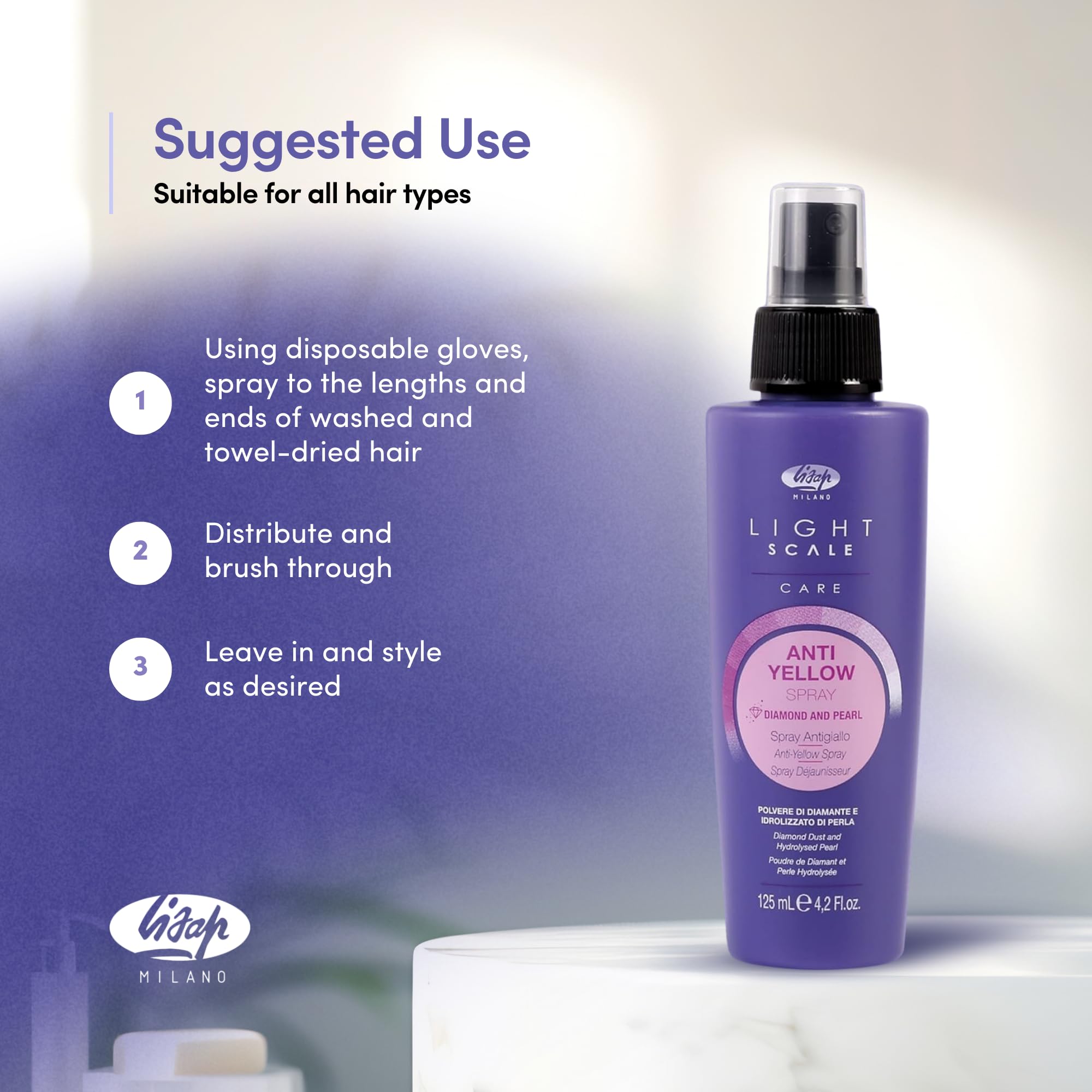 Lisap Light Scale Hair Spray – Purple Toner for Blondes, Anti-Brass & Heat Protection (4.23 fl oz)