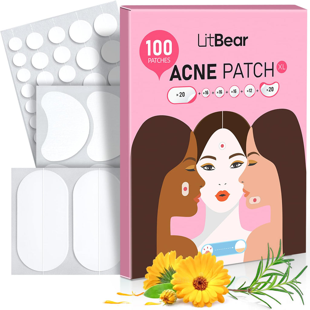LitBear Large Acne Pimple Patches – 100 Patches, 6 Sizes, Tea Tree & Calendula, Hydrocolloid for Face & Body