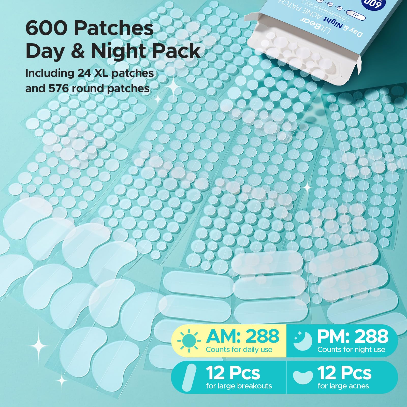 LitBear Pimple Patches – 600 Count Day & Night Hydrocolloid Acne Patches (5 Sizes)